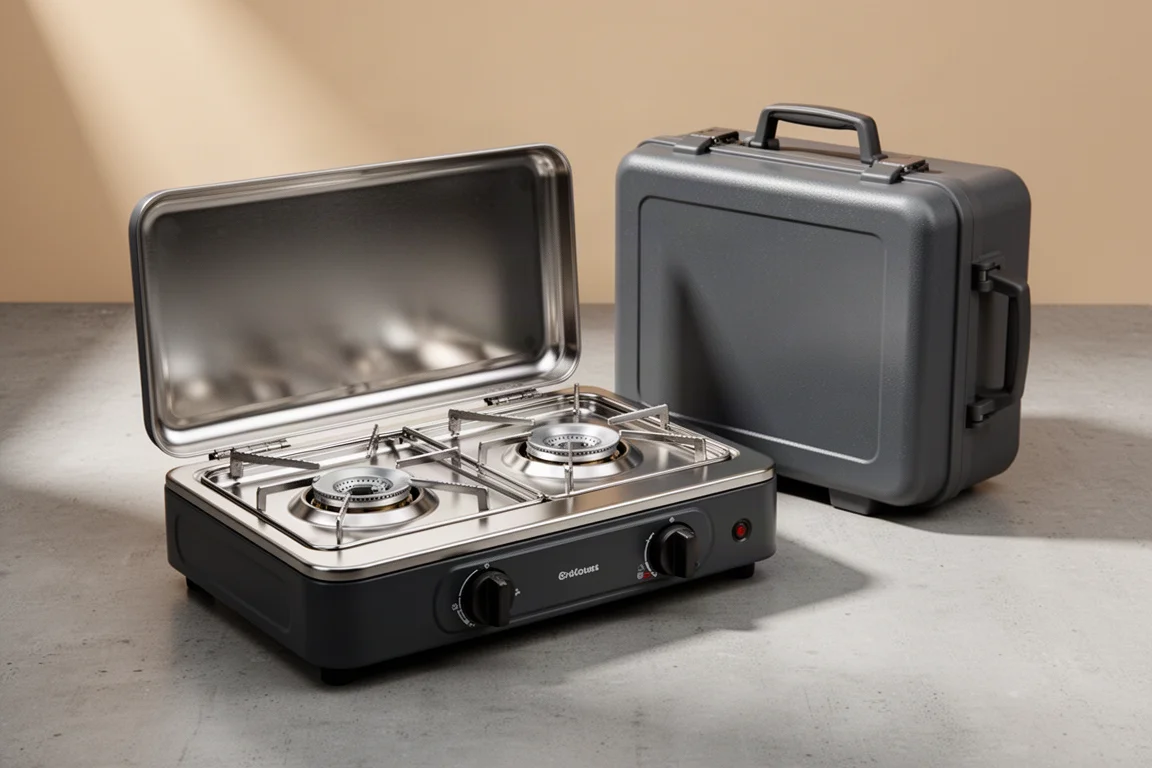 Two-burner portable butane camp stove with hard shell carrying case on concrete