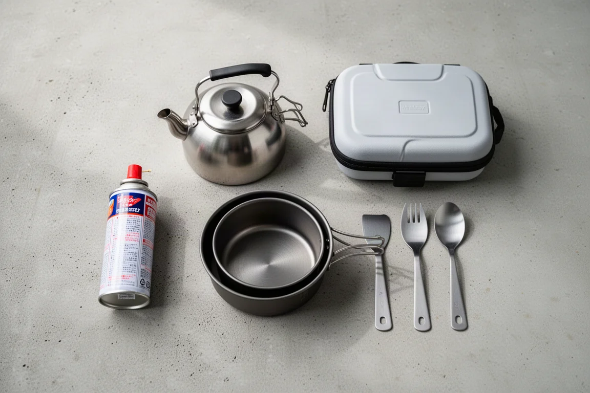 Cozinha de acampamento na caçamba de um veículo ao anoitecer com fogareiro compacto e utensílios
