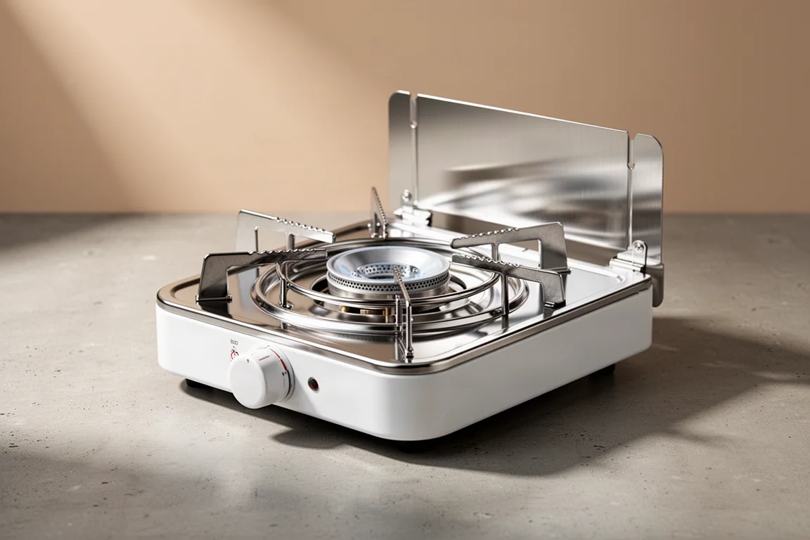 Compact chrome and white butane camping stove with pot supports and storage case
