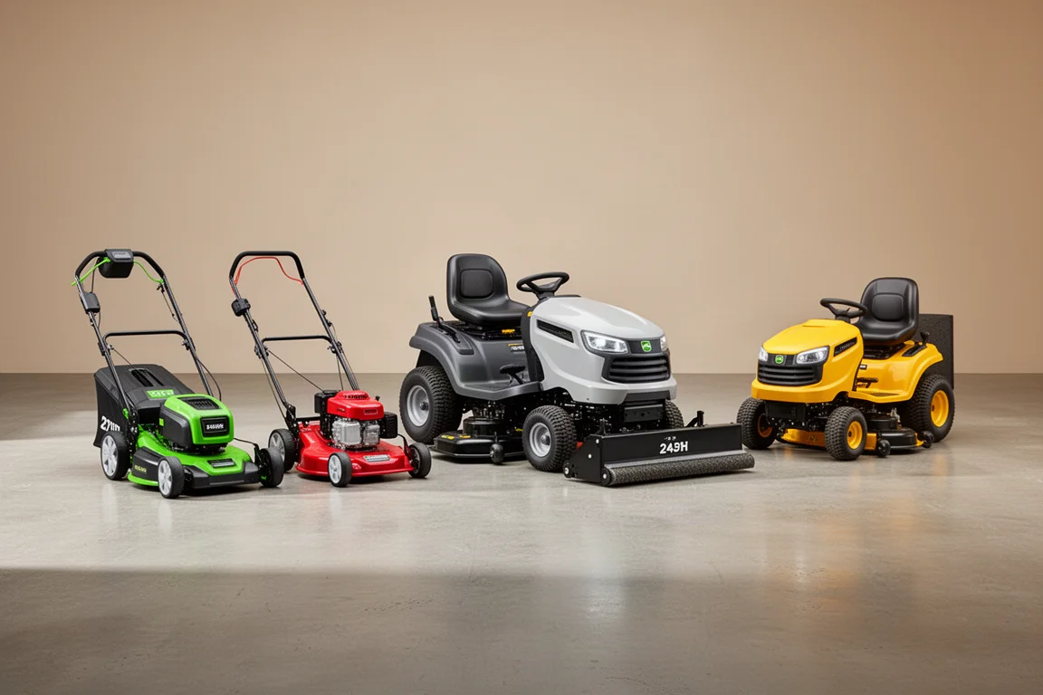 Two push mowers and two ride-on lawn tractors lined up on a concrete surface