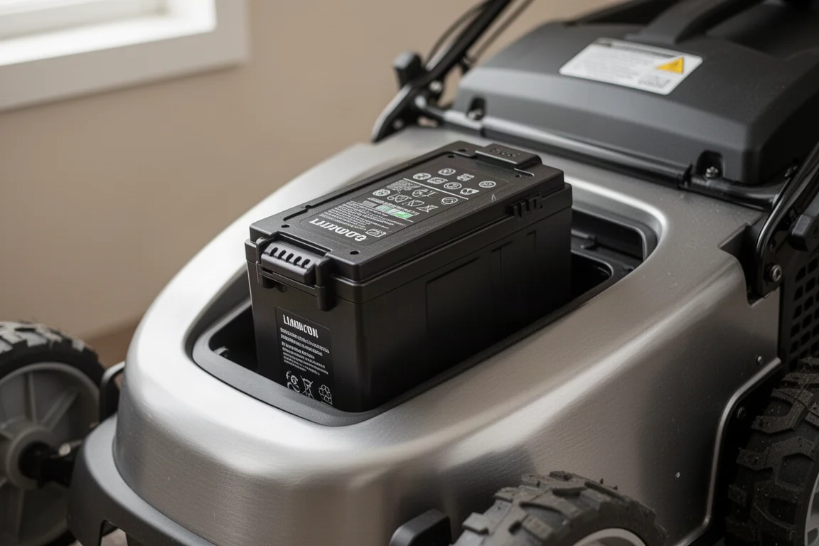 Close-up van een lithium-ion-accu van een maaier die in het maaidek wordt geschoven