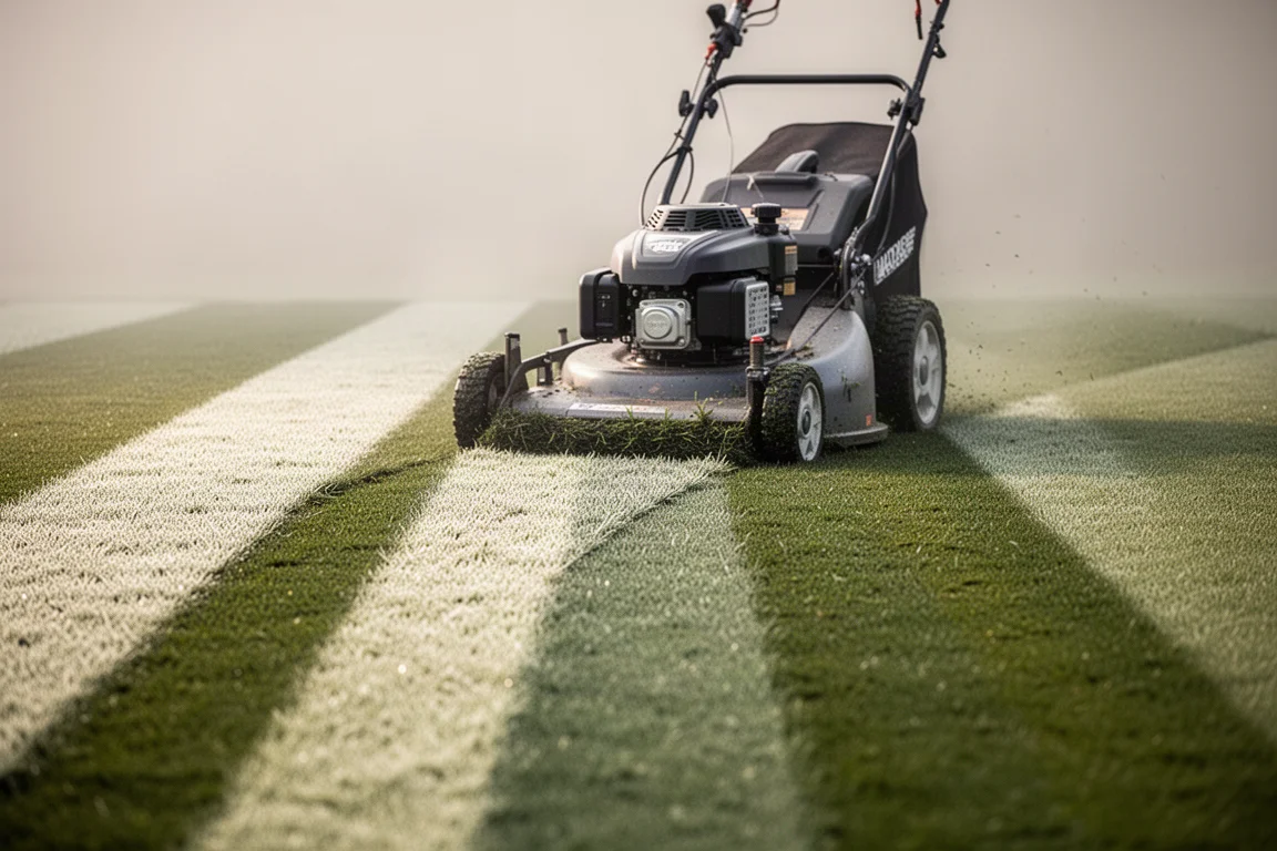 Zelfrijdende maaier maait een brede baan gras in zacht daglicht