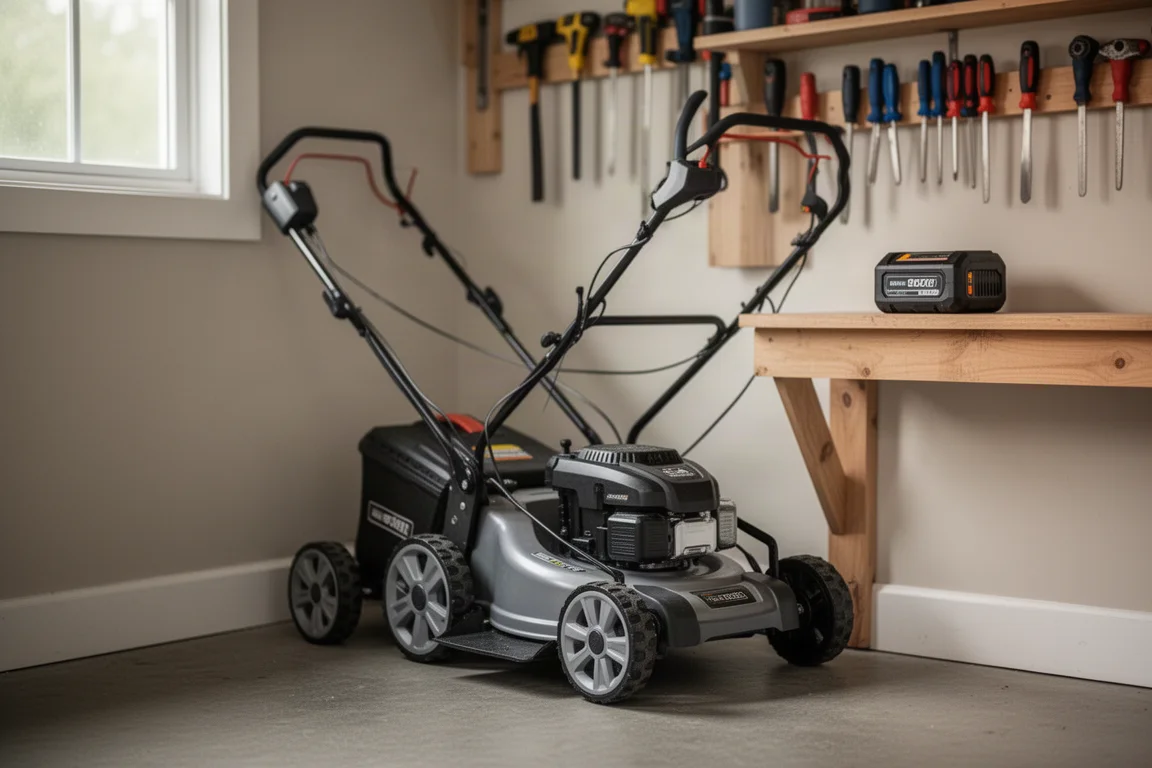 Compacte maaier staand opgeborgen tegen een garagewand, zonder accu