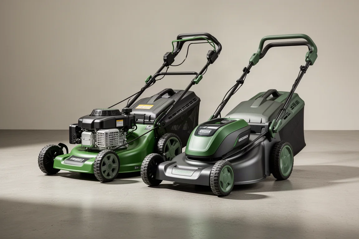 A gas mower and a battery-powered mower side by side on concrete