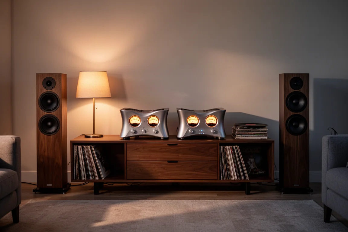 Gestaltetes Wohnzimmer in der Abenddämmerung mit skulpturierten Verstärkern, Standlautsprechern und Vinylplatten