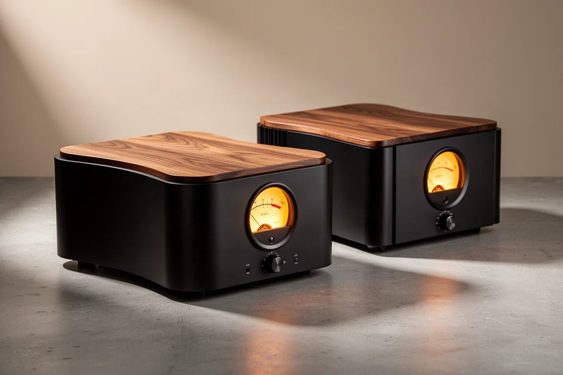 Pair of sculpted monoblock amplifiers with walnut top covers and glowing round meters