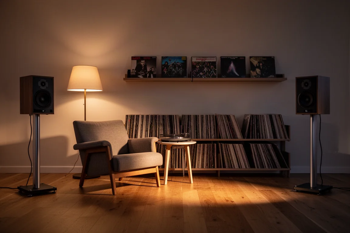 Salotto in penombra con luce calda all'ora del tramonto, diffusori da stand compatti su supporti