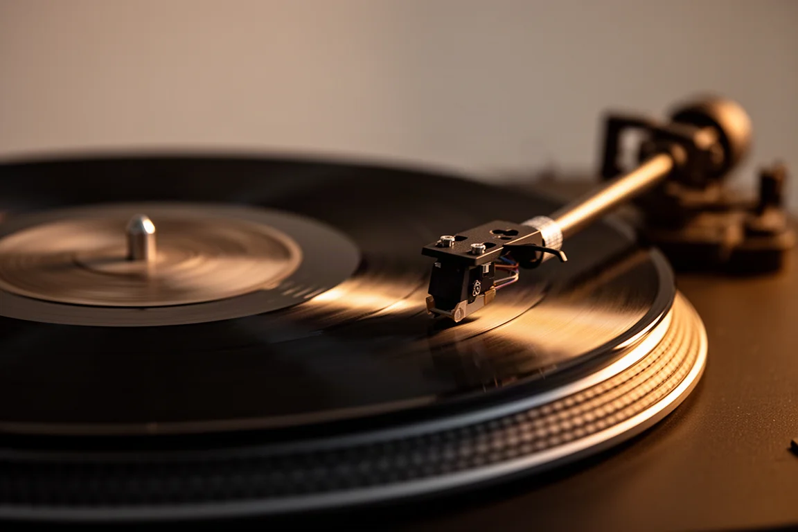 Primo piano di un braccio di giradischi abbassato su un disco in vinile, in luce calda di lampada