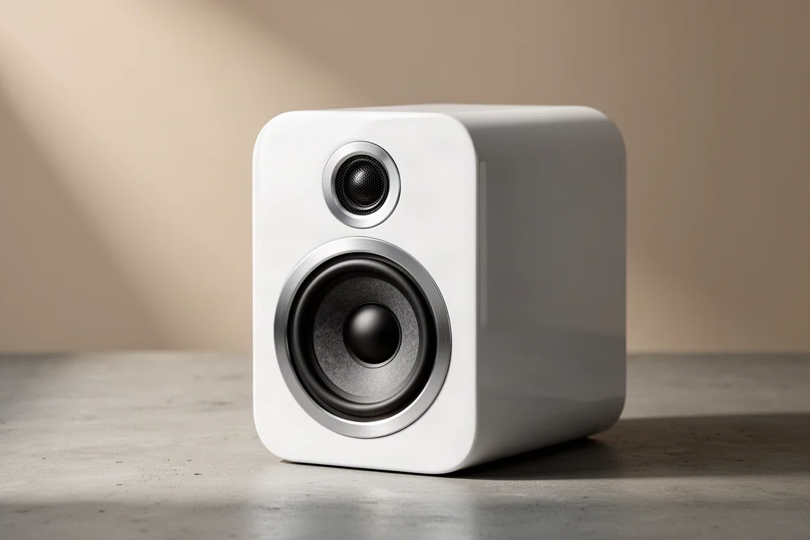 Compact glossy white stand mount loudspeaker with aluminium trim rings on a concrete surface