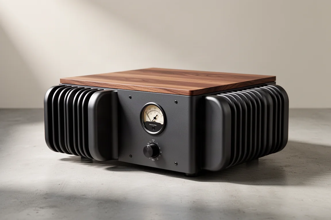Monoblock amplifier with curved heat sinks, walnut top and round meter on concrete