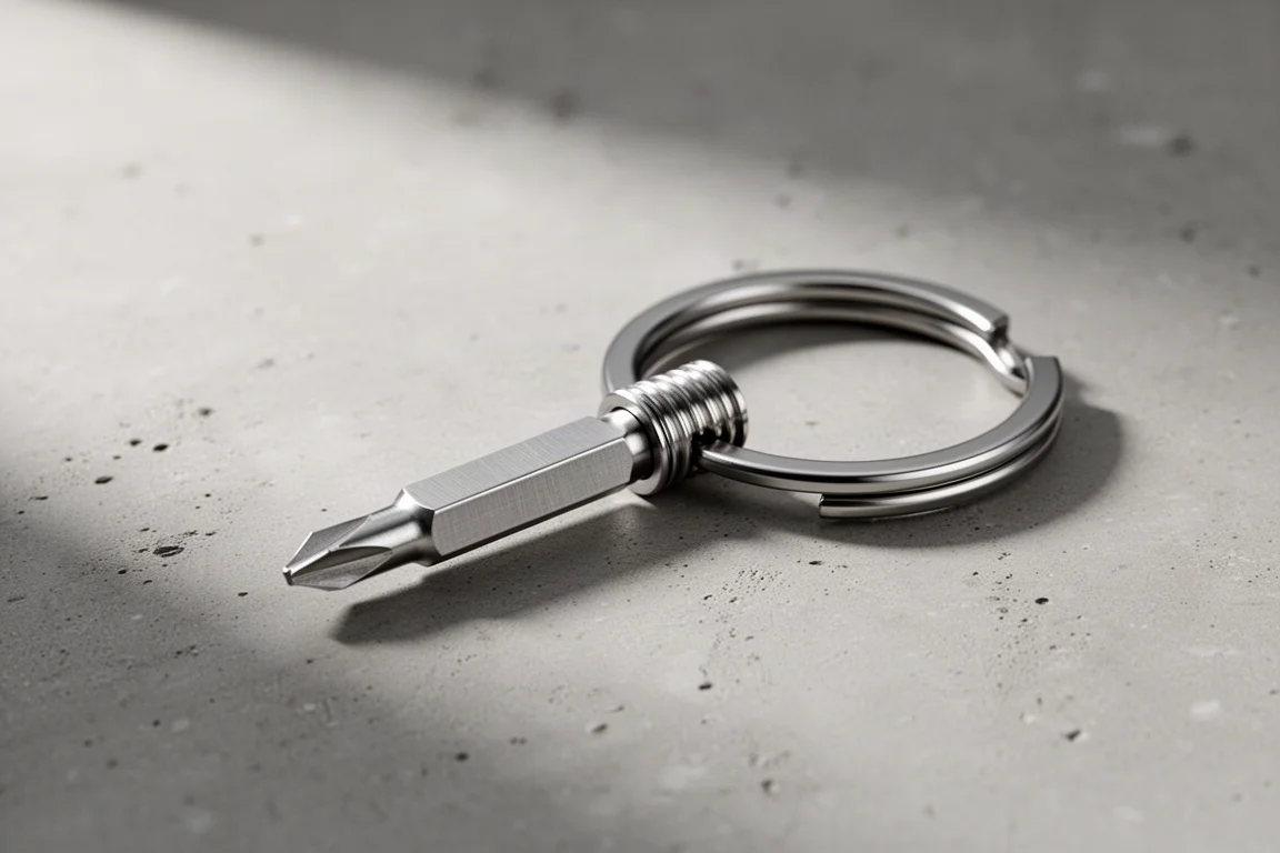 Small steel EDC screwdriver threaded onto a split key ring on concrete