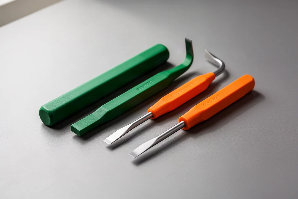 Two pairs of micro pry bars in green and orange finishes on a grey workshop surface
