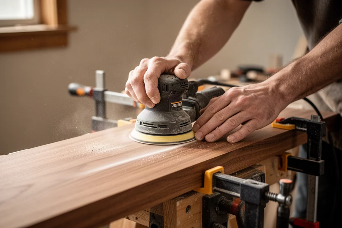 Carpintero lijando una tabla de madera con una lijadora orbital aleatoria en un taller