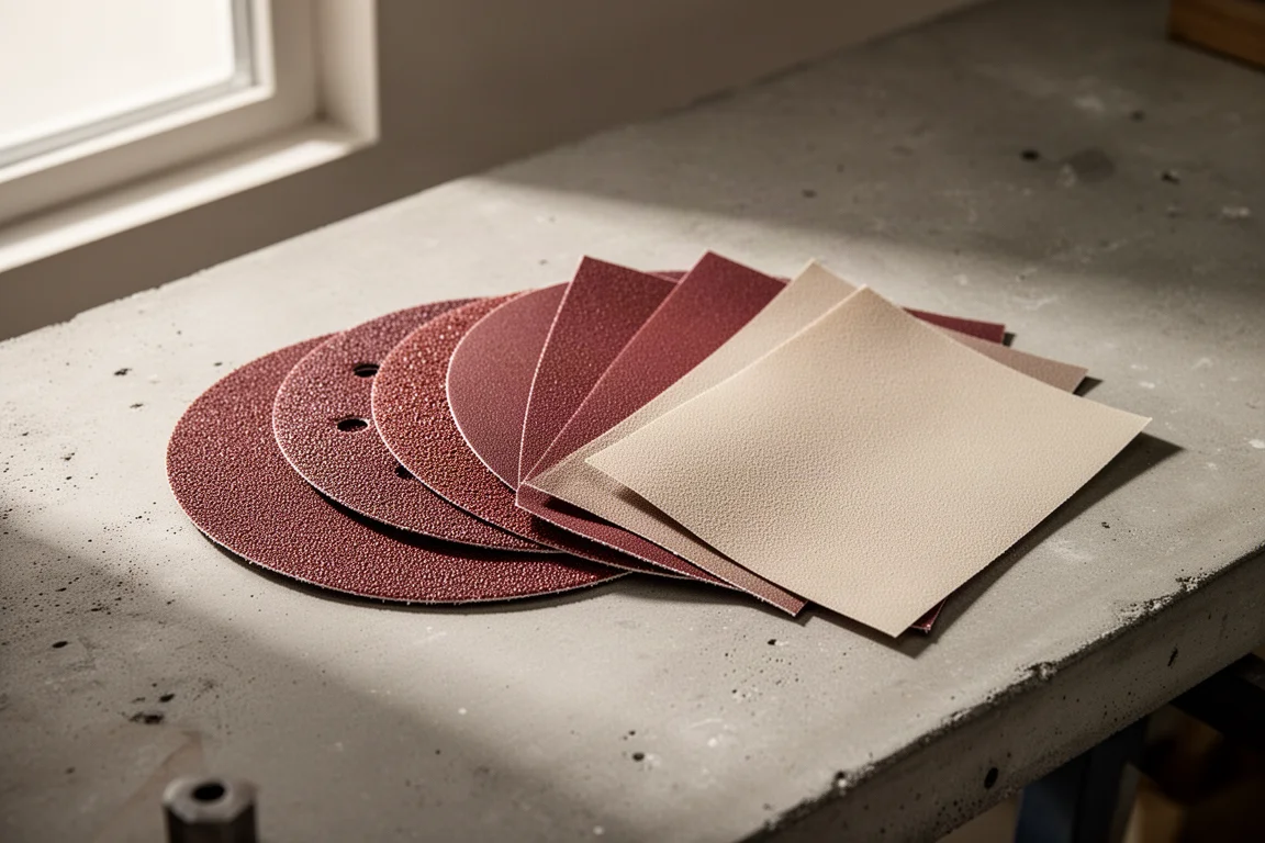 Assortment of sanding discs and sheets in various grits on a workbench