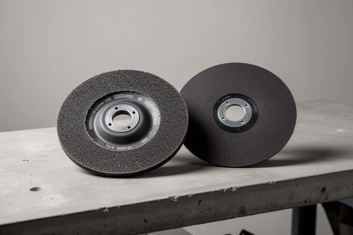 Gator 4-1/2 inch grinding wheel and 6 inch cutting disc side by side on a concrete workbench
