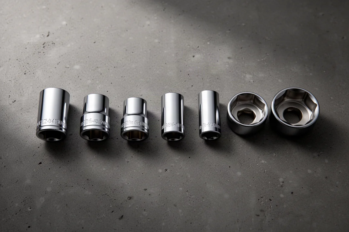 Row of standard chrome sockets of different depths arranged on a workbench