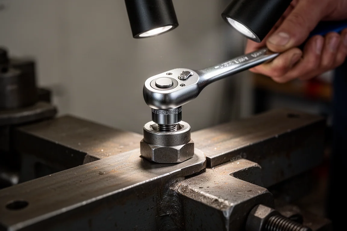 Socket wrench being aligned carefully onto a large bolt on machinery