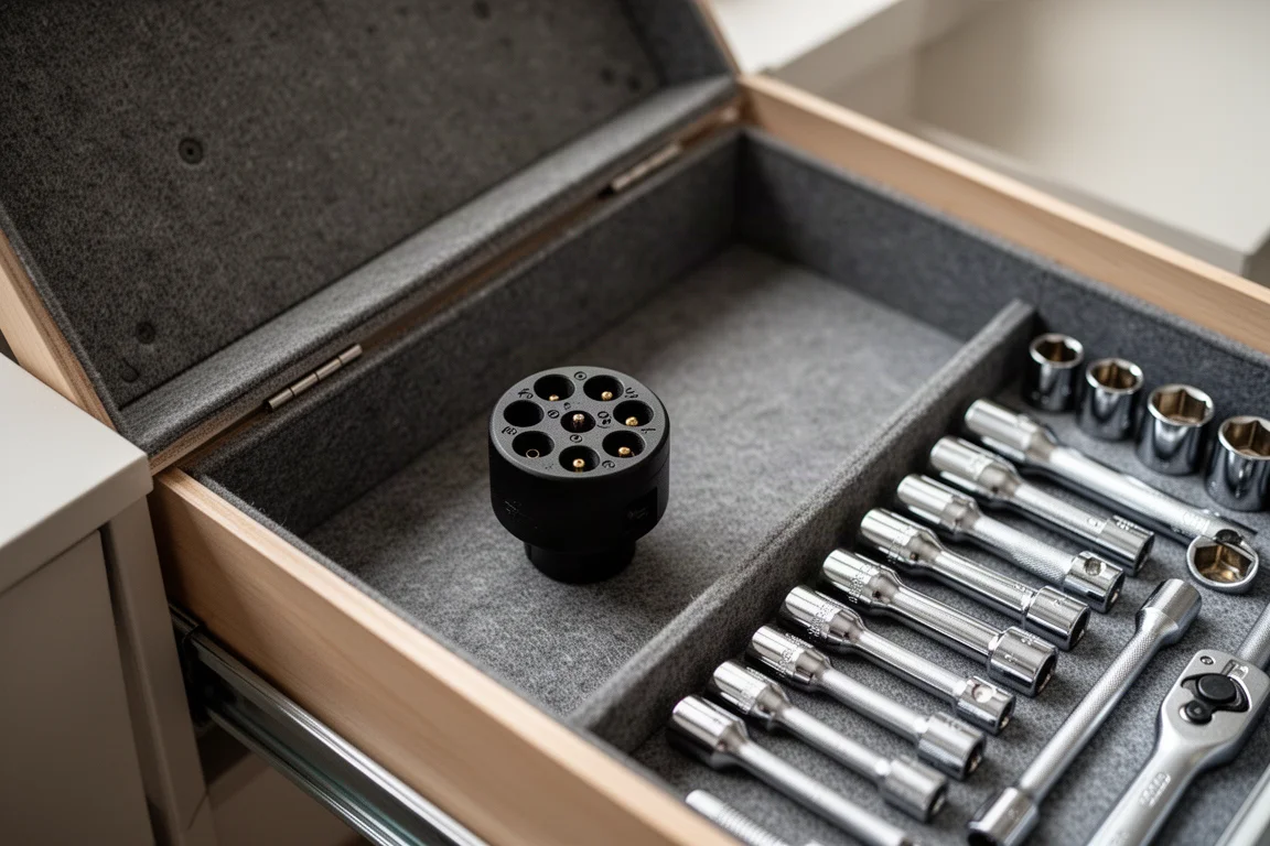 Gator grip socket resting in an open tool drawer beside a socket set