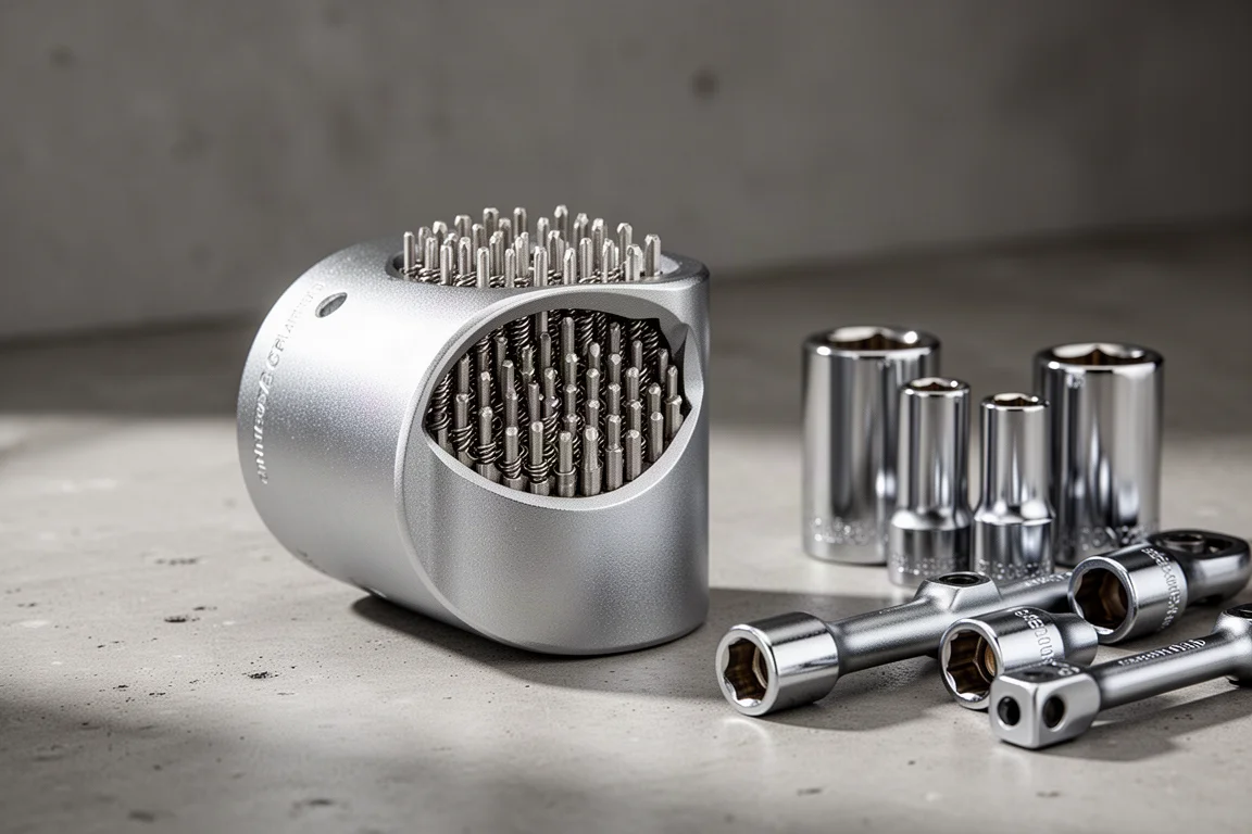 Universal gator grip socket with spring-loaded pins beside standard chrome sockets