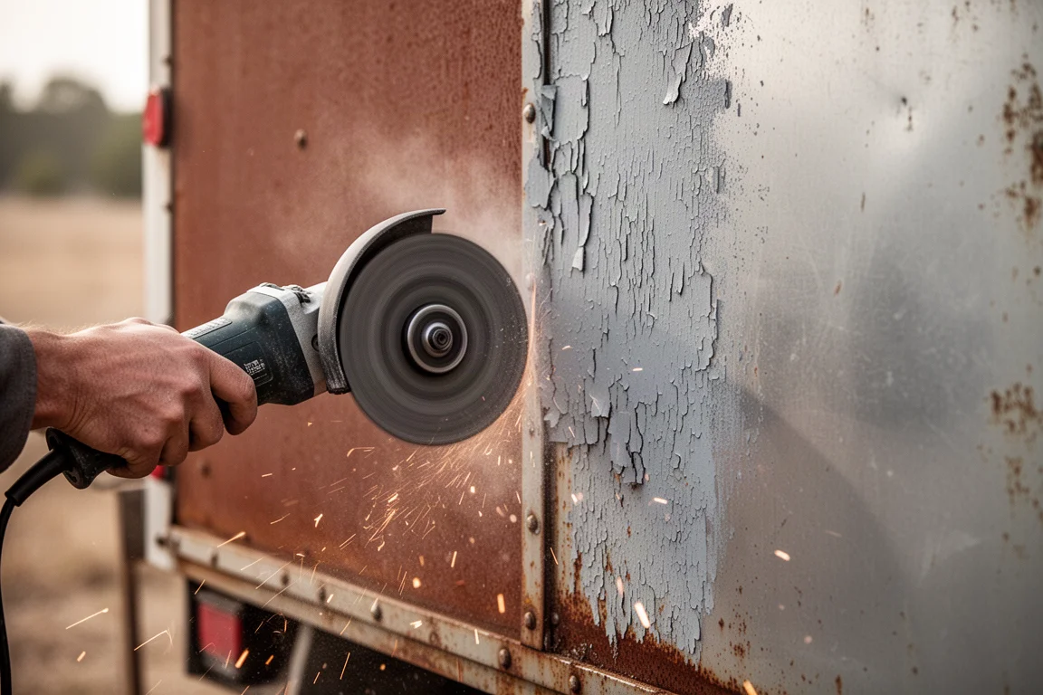 Angle grinder stripping peeling paint from a rusty metal trailer panel
