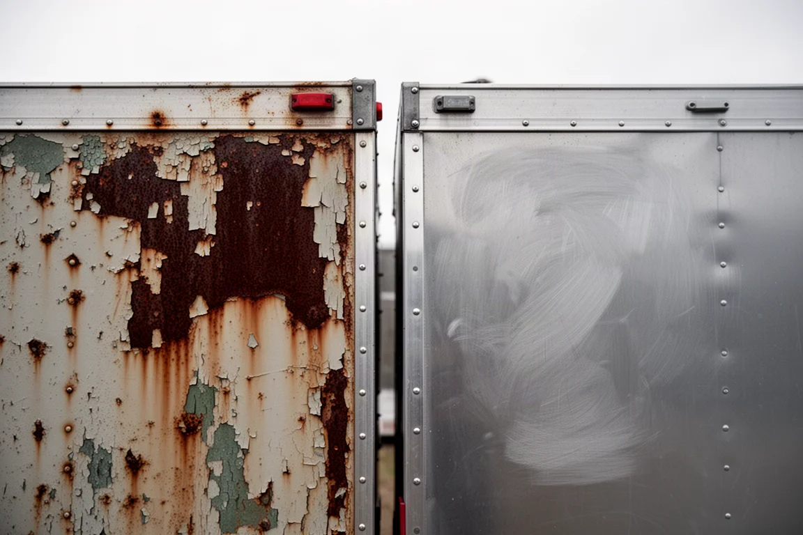 Before and after metal panel sections after grinding off rust