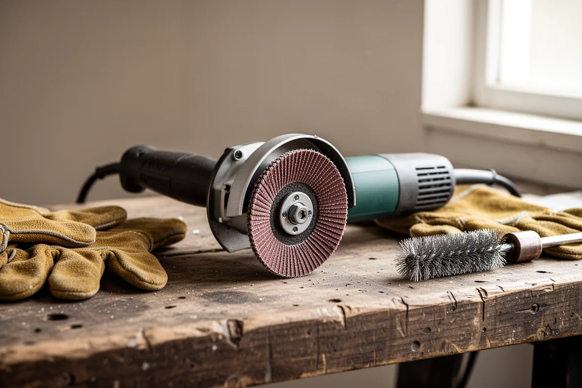 Angle grinder with a 5-inch guard resting on a workbench
