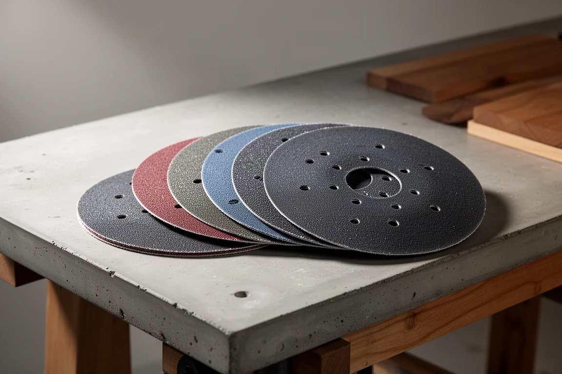 Set of orbital sanding discs fanned out on a concrete workbench