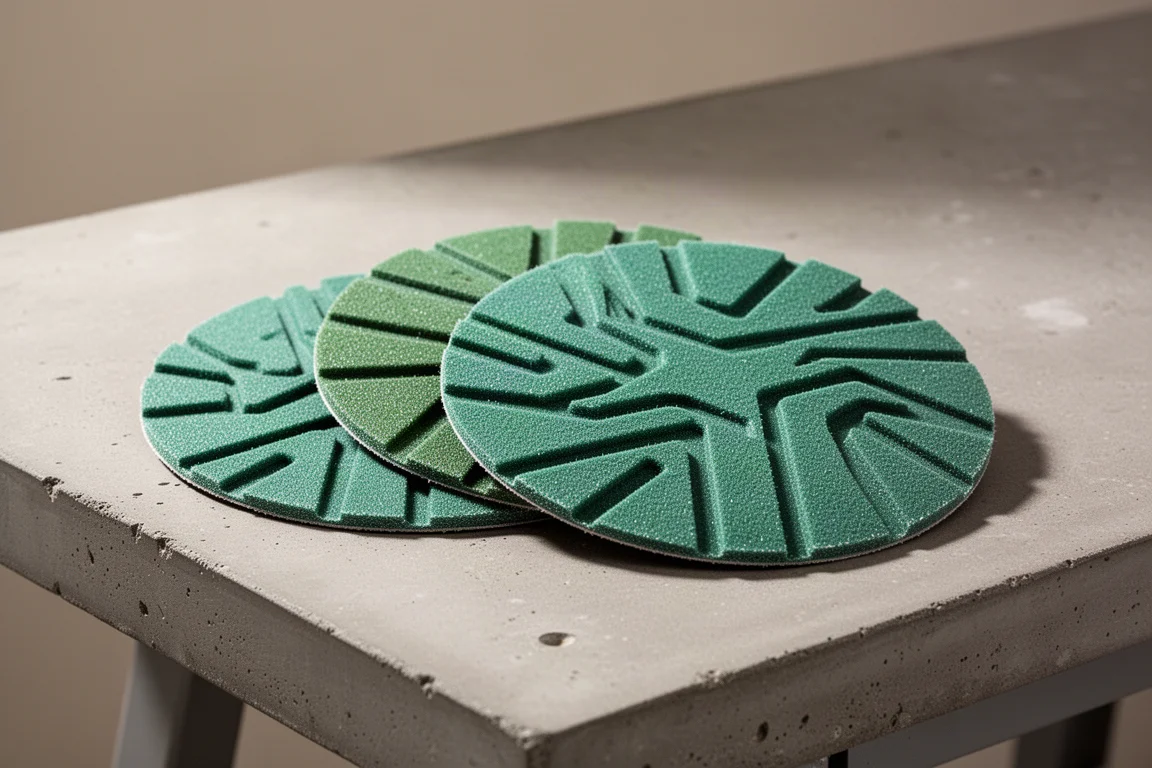 Round sanding discs with arrow-shaped abrasive channels on a concrete workbench
