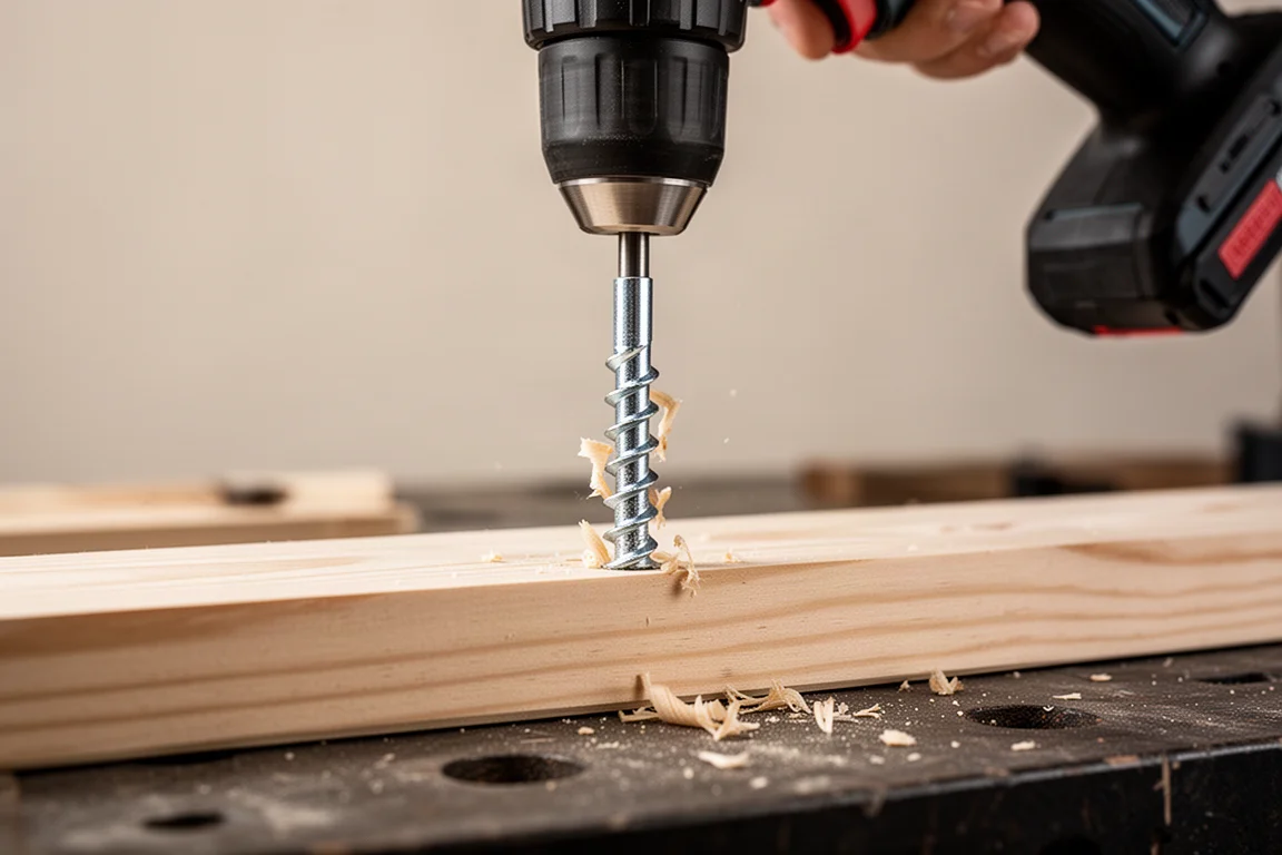 Cordless drill driving a large lag screw into softwood