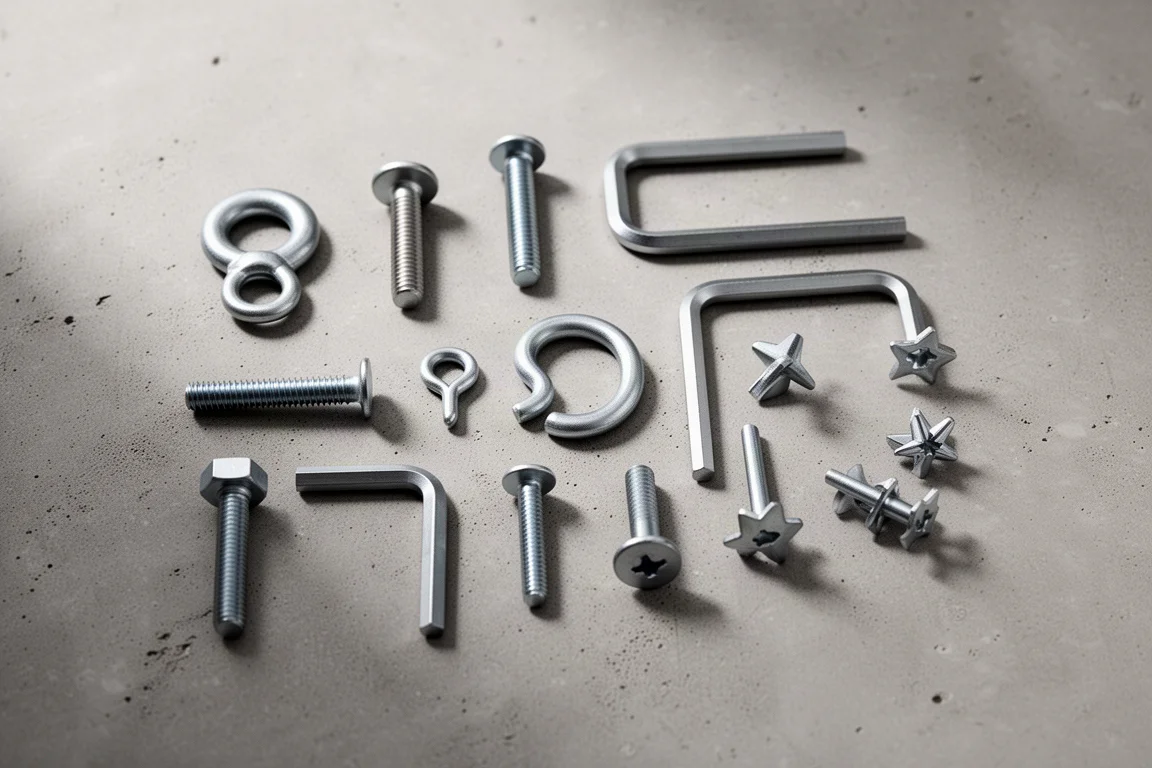 Workbench with assorted ordinary fasteners and eyelet bolts suited to a universal socket