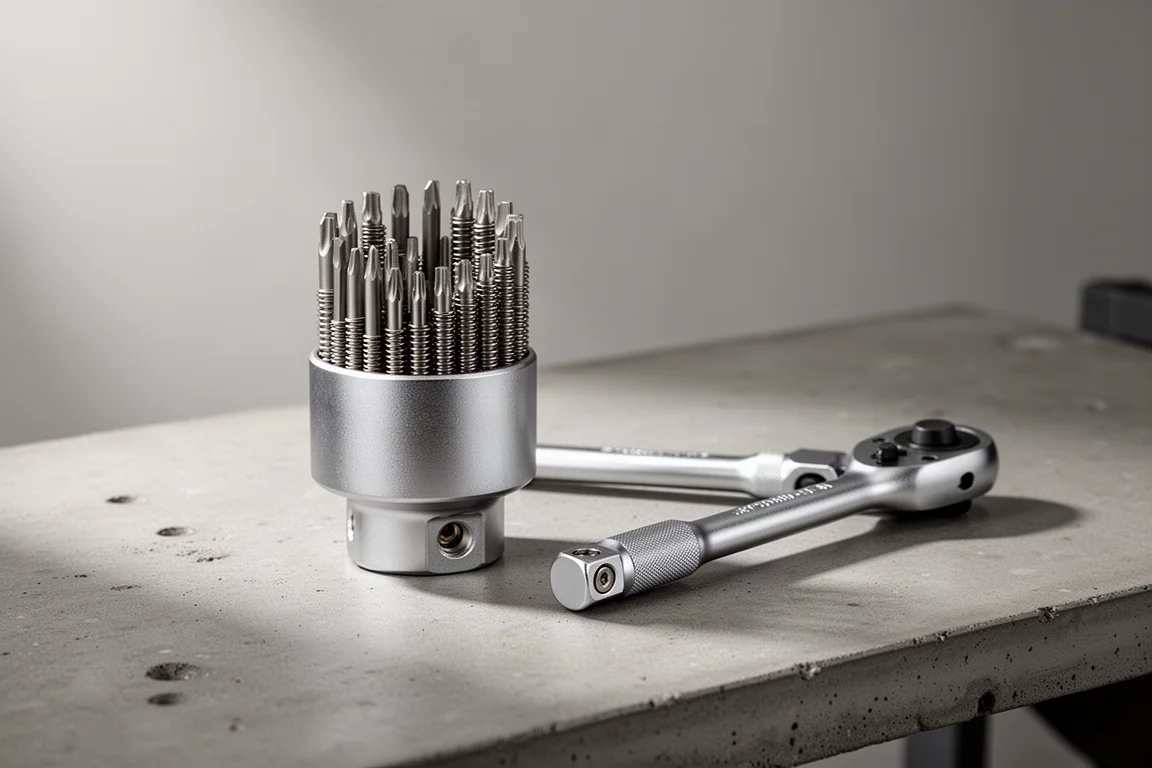Universal socket with spring-loaded pins next to a ratchet on a workbench