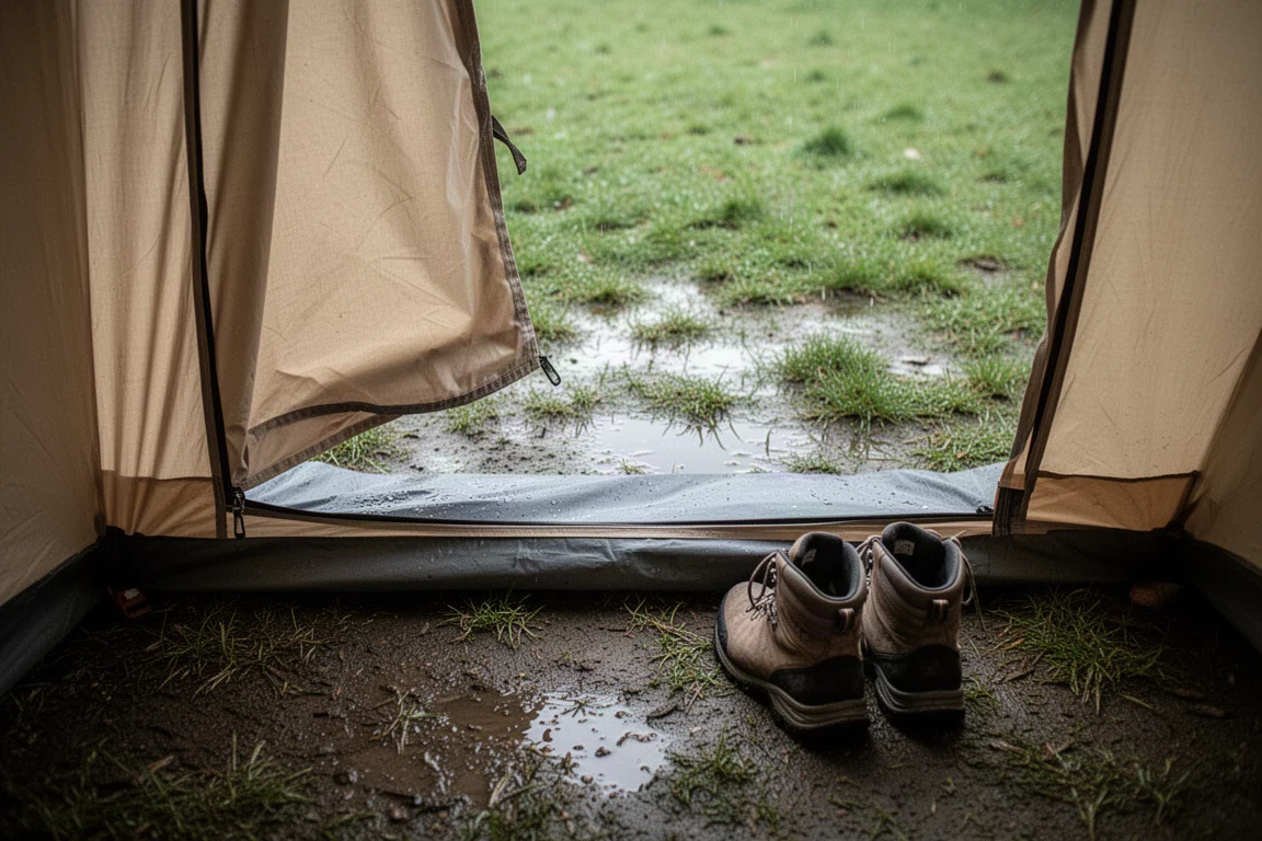 Widok z góry na próg wejścia namiotu z butami trekkingowymi na wilgotnej trawie