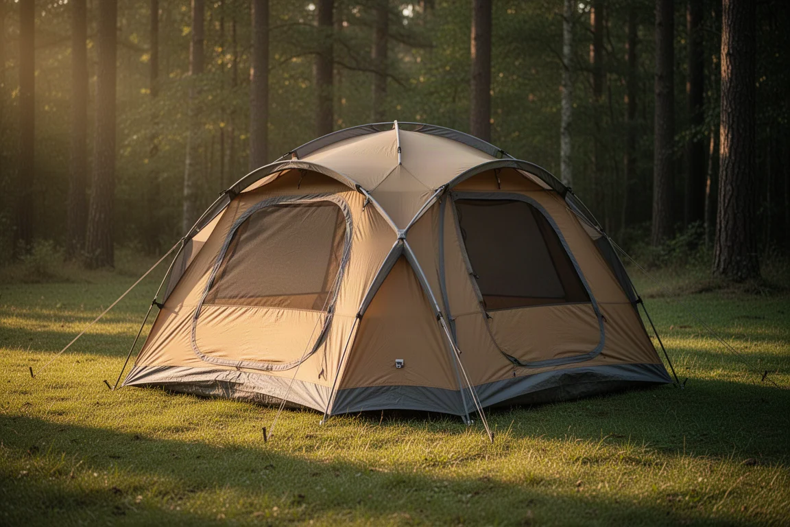 Large tan and grey pop-up camping tent pitched in a forest clearing at golden hour