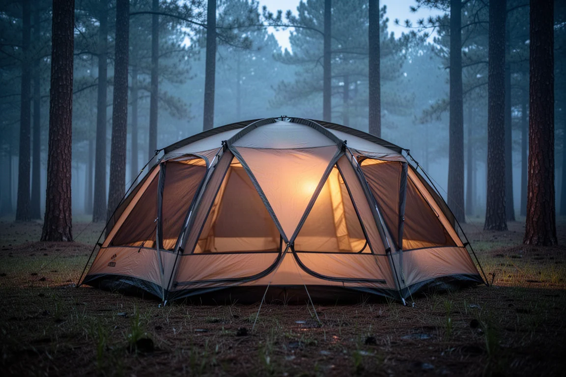 Skogs campingplats i gyllene timmen med en öppen baklucka och ett grönt tält bakom