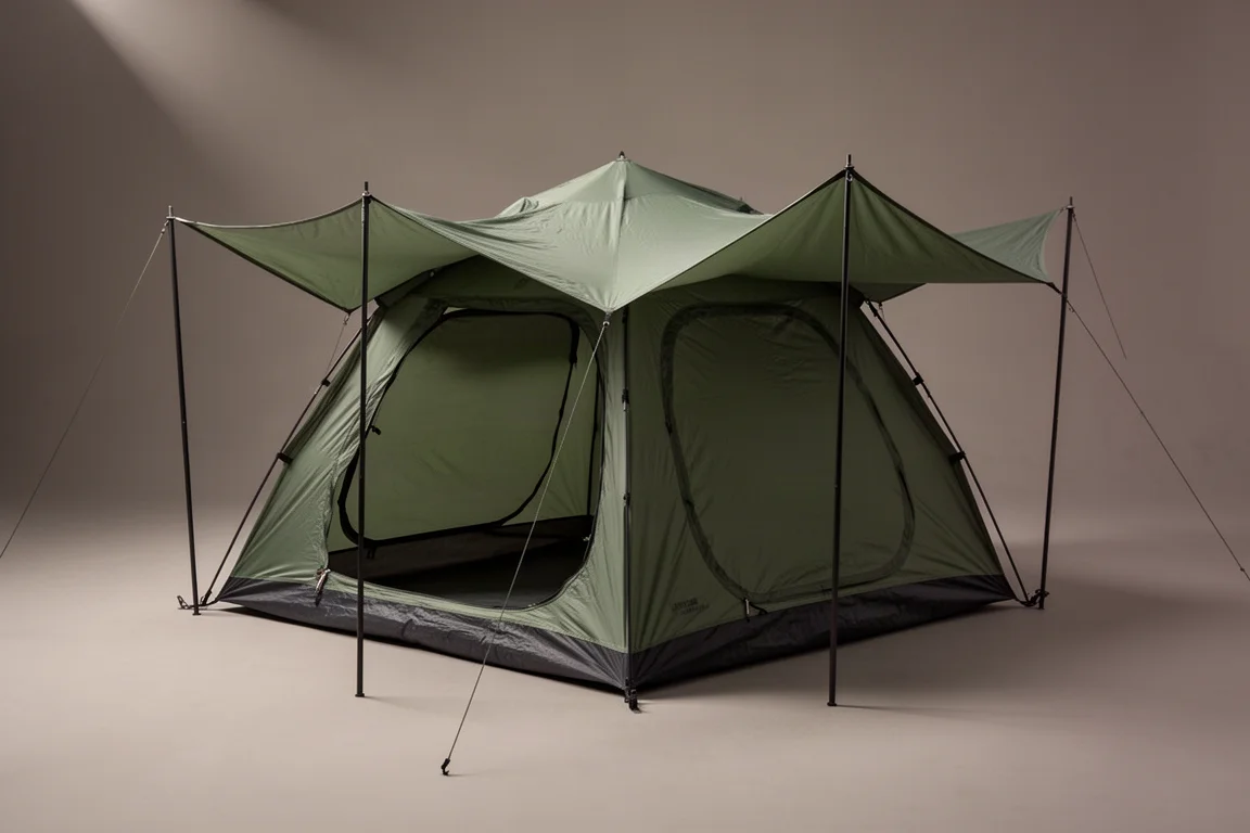 Grande tenda hub verde a tre posti montata in un campeggio forestale ghiaioso all'alba