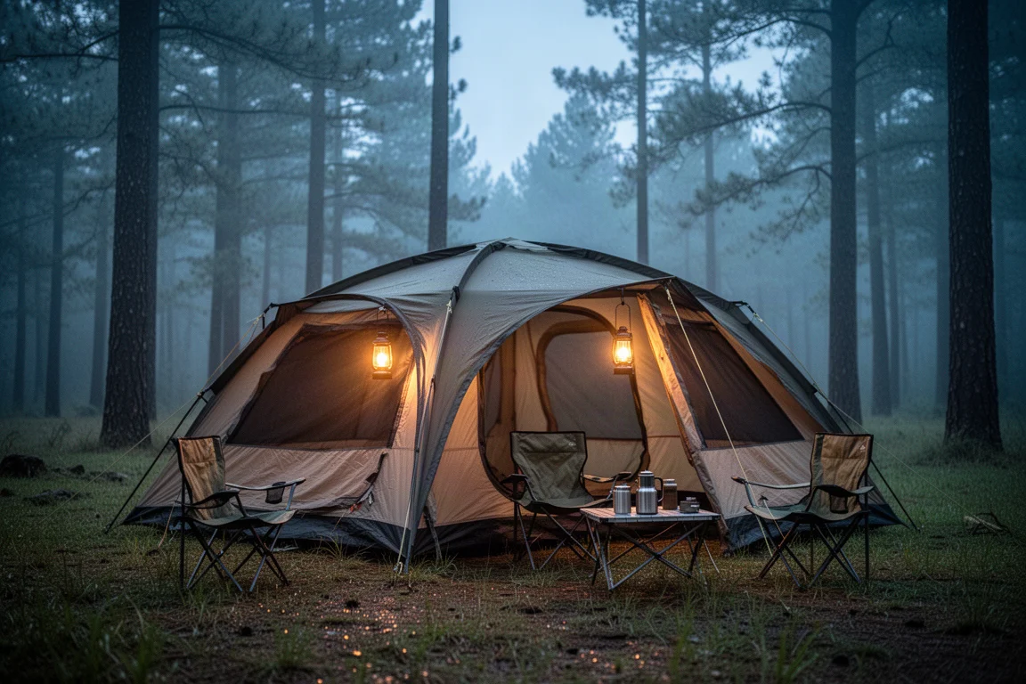 Tenda pop-up verde montata in una radura erbosa del bosco durante l'ora d'oro