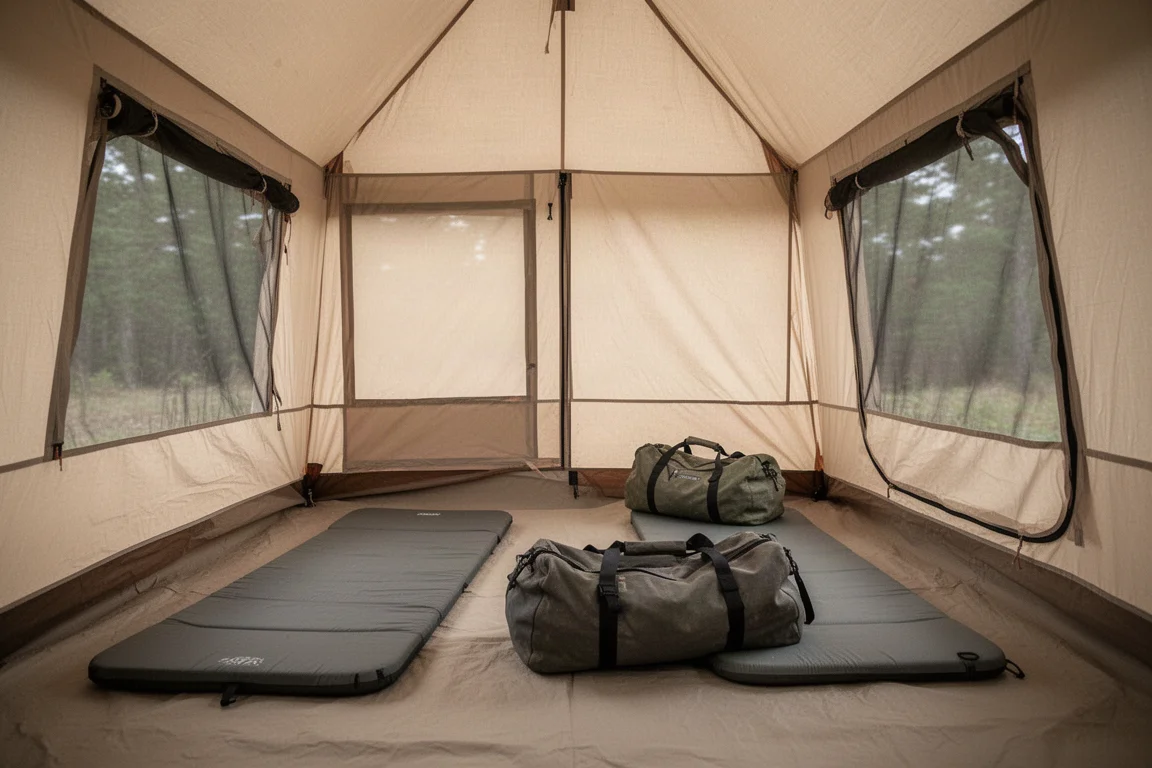 Interno di una tenda da campeggio con due materassini e una borsa da attrezzatura nella luce del mattino