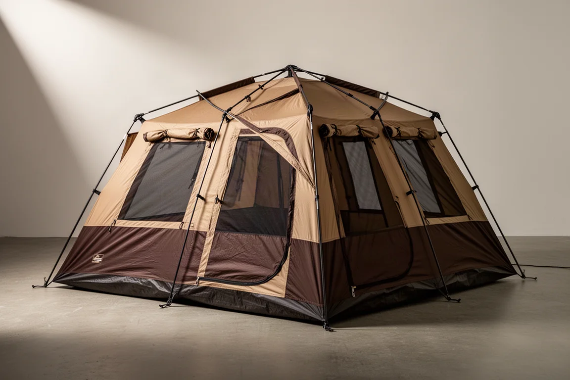 Green pop-up cabin tent with dark rainfly pitched in a forest clearing at golden hour