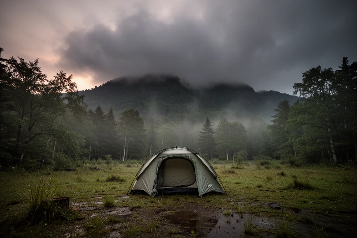 Pop-up-Campingzelt auf einer Waldlichtung unter aufziehenden Gewitterwolken