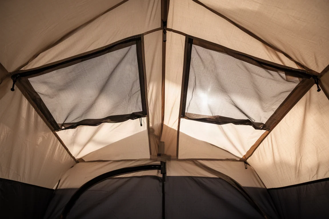 Innenraum eines Campingzelts mit Mesh-Lüftungspanels nahe der Dachlinie