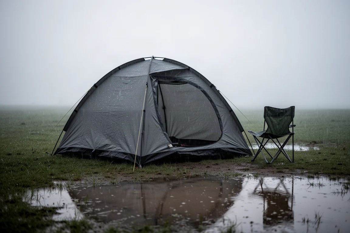 Nasser Campingplatz bei Tagesanbruch mit einem Zelt im stetigen Nieselregen