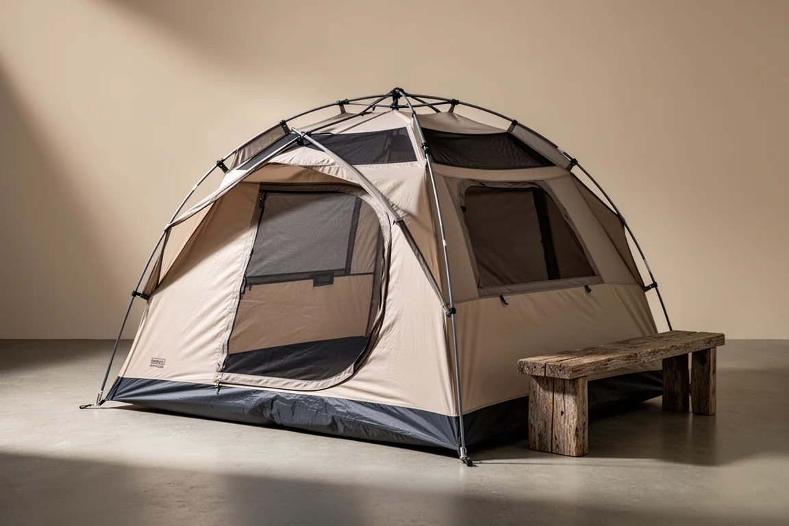 Tenda da campeggio pop-up con tetto a cupola montata su cemento accanto a una panchina in legno