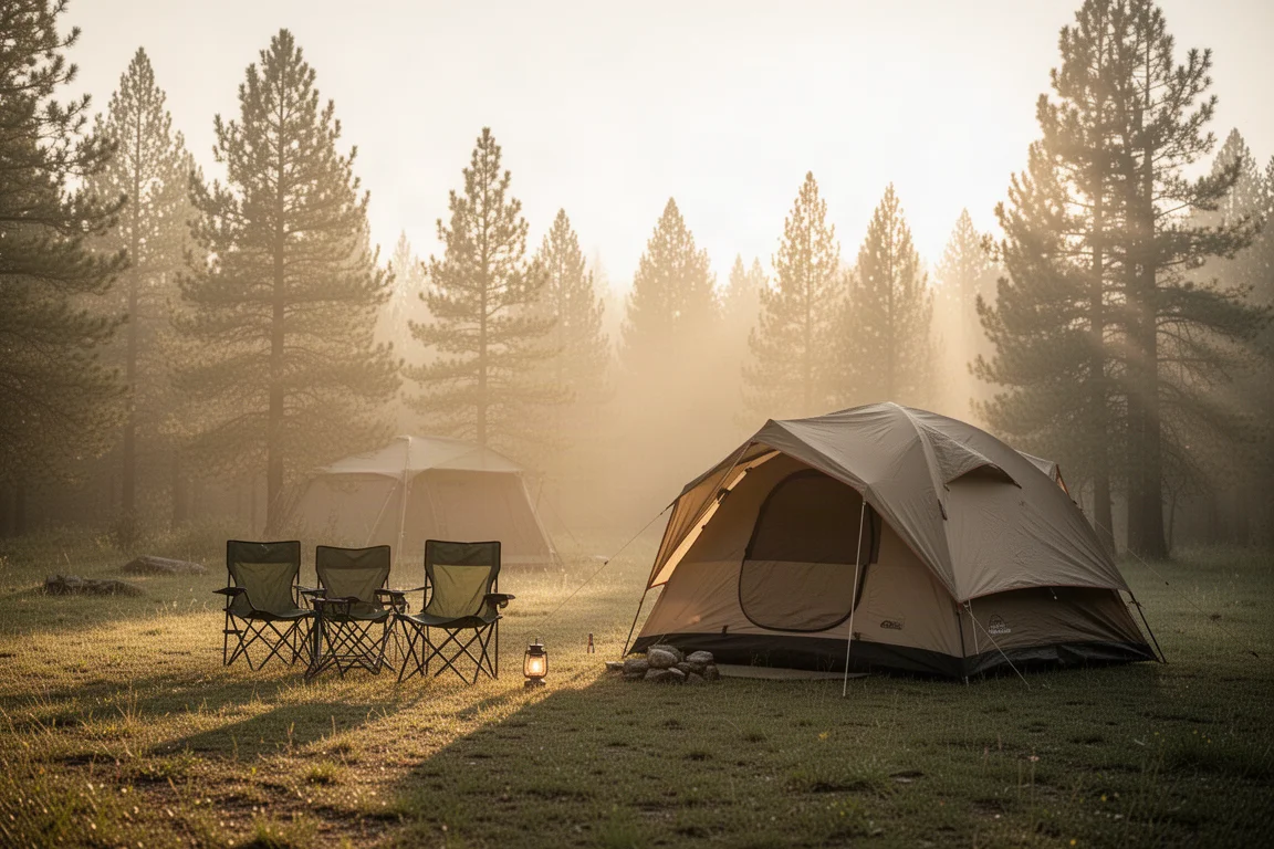 Emplacement de camping à l'heure dorée avec une tente cabane et des chaises de camp sur l'herbe