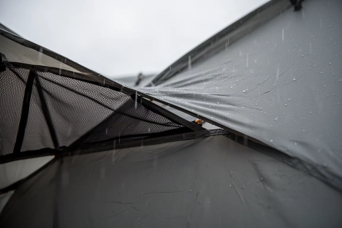 Panneau de toit en mesh de la tente avec un espace sous le double-toit et de fines traînées de pluie