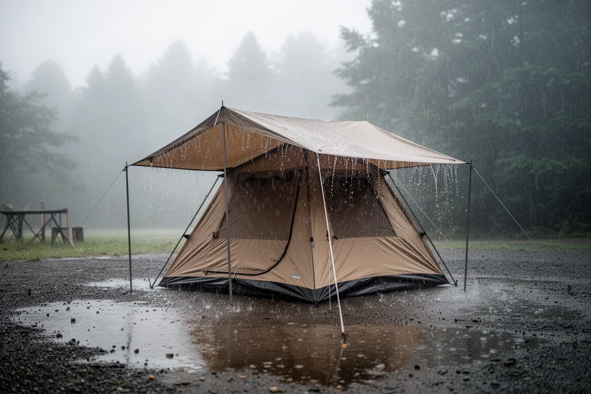 Tente cabane sous une pluie battante avec l'eau ruisselant du double-toit