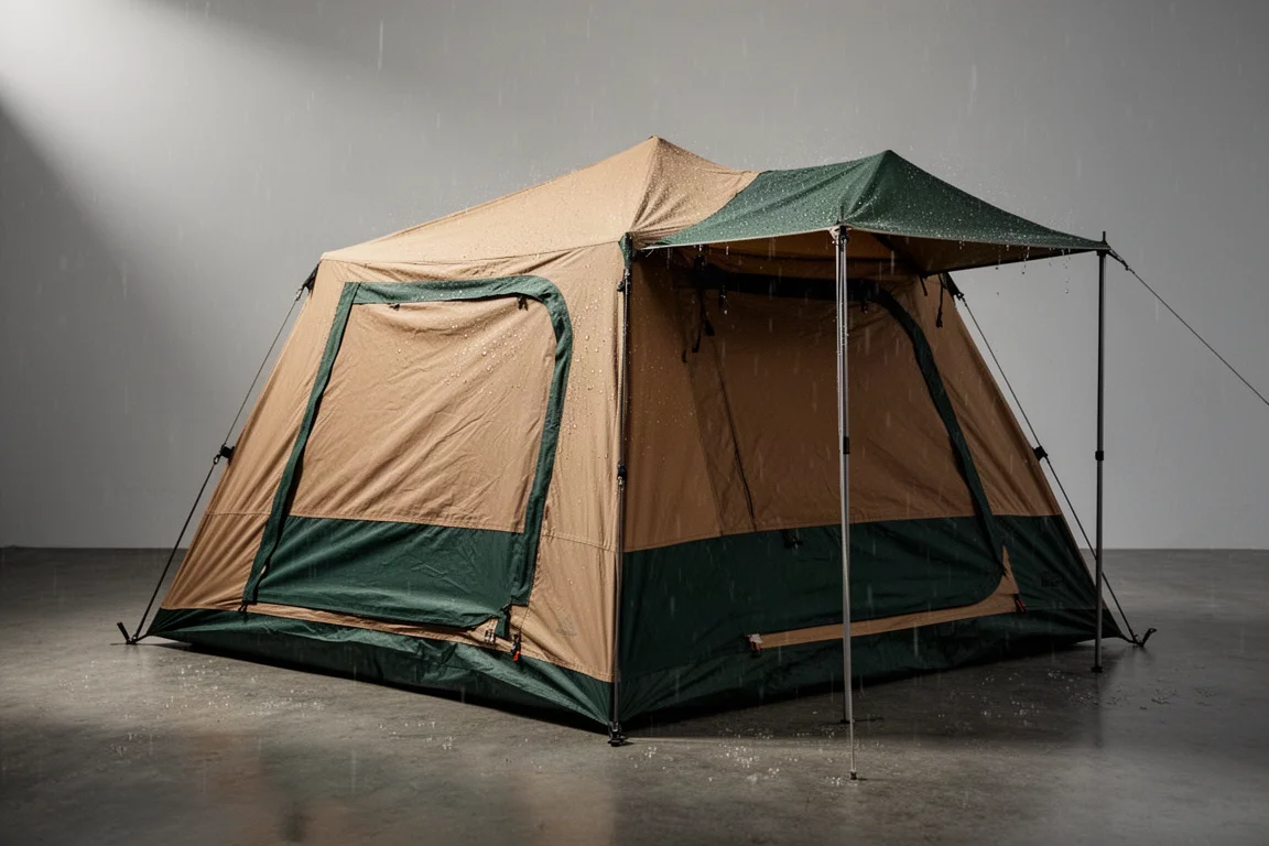 Tan and green cabin tent with a short rainfly on a concrete surface