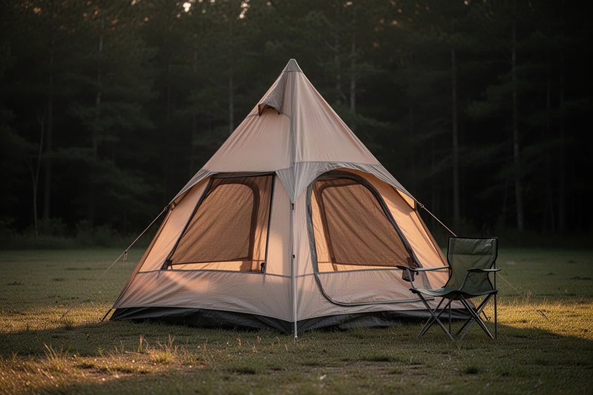 Hoge cabinetent opgezet op een bosrijke camping in warm avondlicht