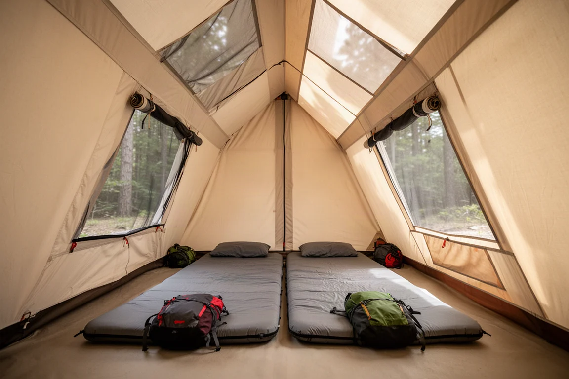 Interieur van een hoge cabinetent met twee dubbele slaapmatten naast elkaar