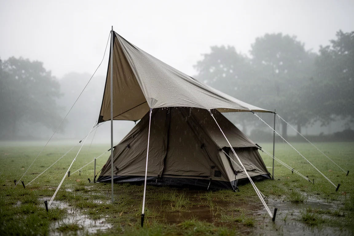 Cabinetent op nat gras na regen met waterdruppels op de rainfly