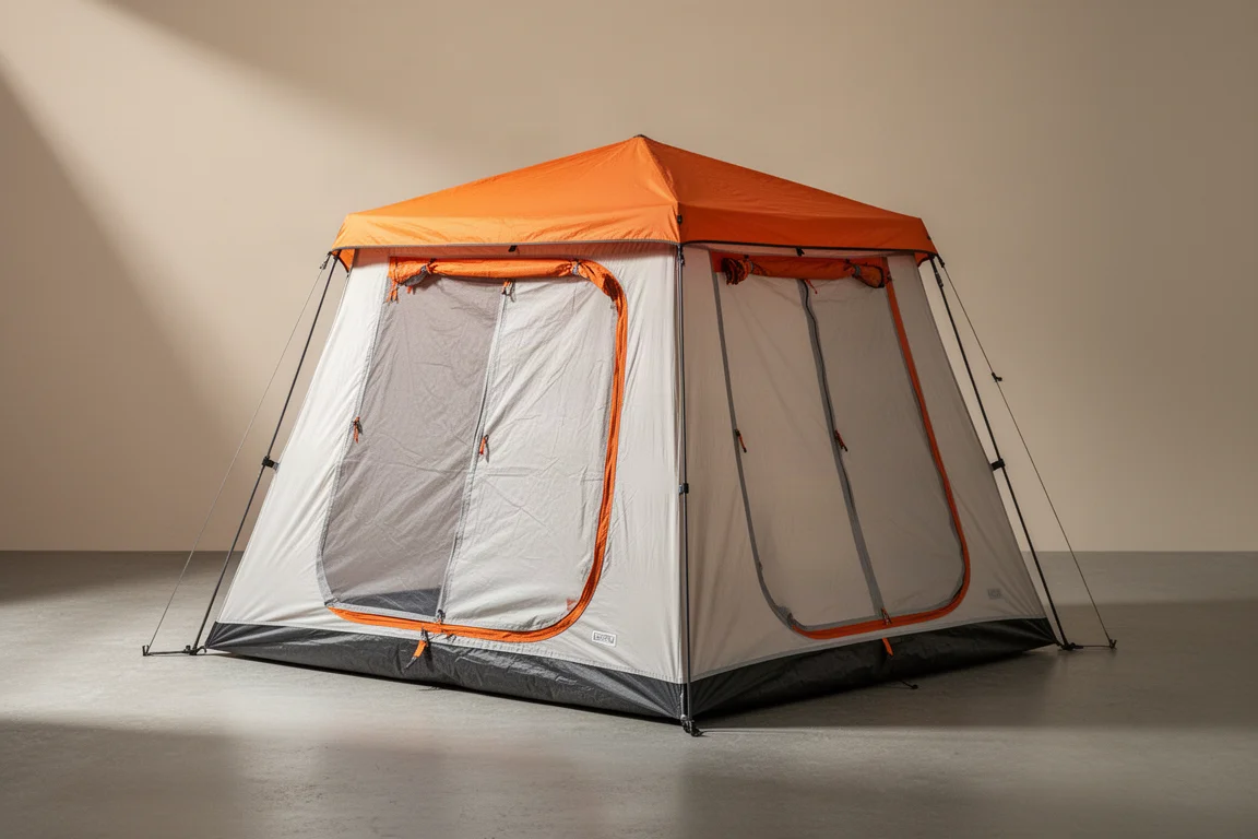 Tall instant cabin tent with orange rainfly accents pitched on a neutral concrete surface